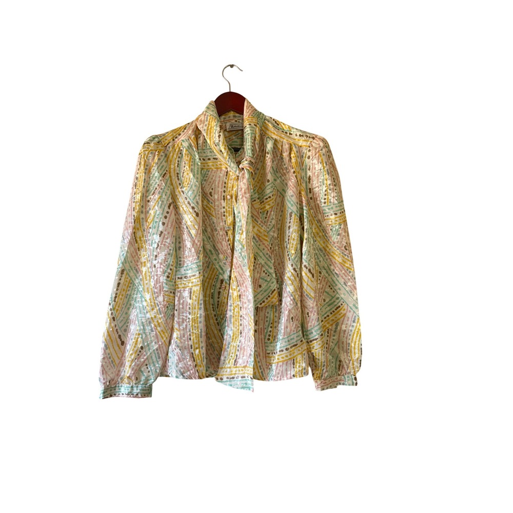 Vintage‎ Pastel Geometric Oversized Bow Blouse Tie Neck Jacquard Size 10